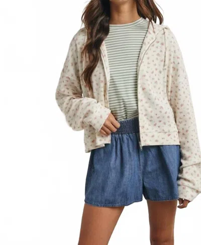 Wishlist Floral Waffle Knit Hooded Jacket In Cream/rose In Multi