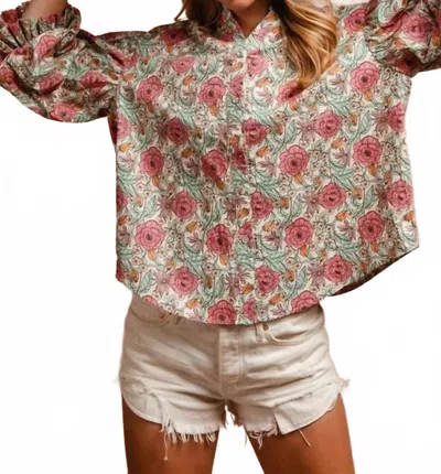 Wishlist Floral Woven Bubble Sleeve Top In Green In Multi