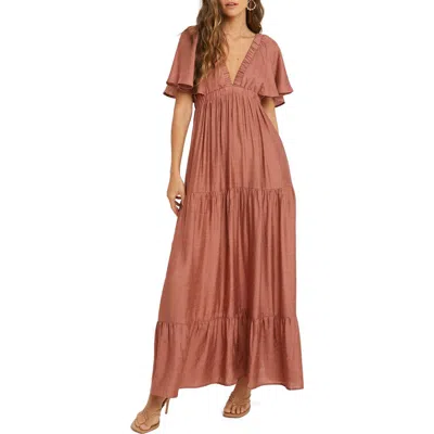 Wishlist Flutter Sleeve Tiered Maxi Dress In Brown