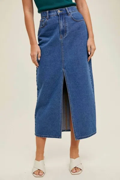 Wishlist For Days Denim Midi Skirt In Dark Wash In Blue