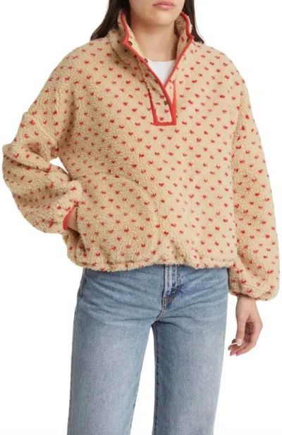 Wishlist Haley Heart Sherpa Fleece Pullover Sweater In Oat/red In Brown