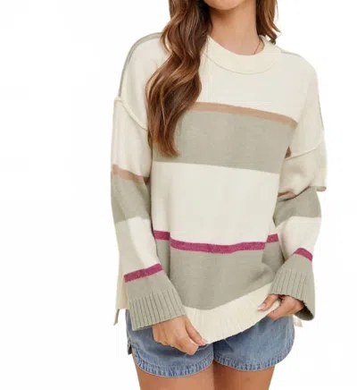 Wishlist High Low Multicolor Striped Sweater In Cream/sage In Gray