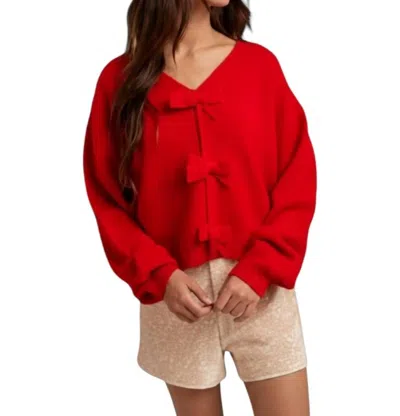 Wishlist Holly Bow Brushed Knit V-neck Sweater In Red