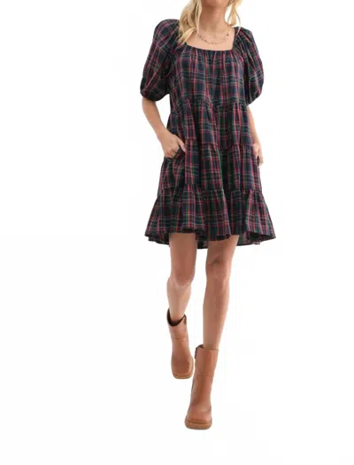 Wishlist Holly Plaid Puff Sleeve Tiered Midi Dress In Navy In Brown