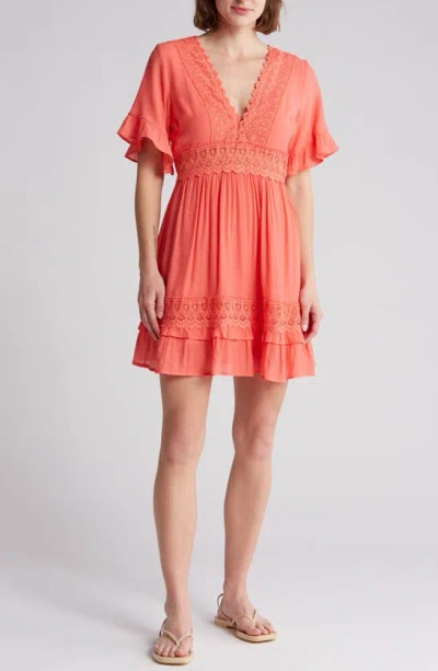 Wishlist Lace Insert Tie Back Dress In Coral