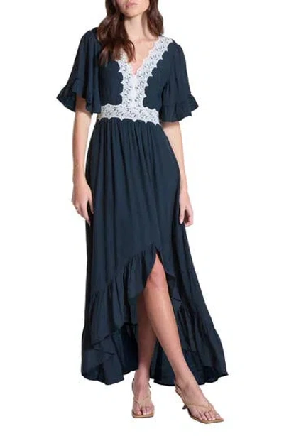 Wishlist Lace Trim High-low Dress In Navy