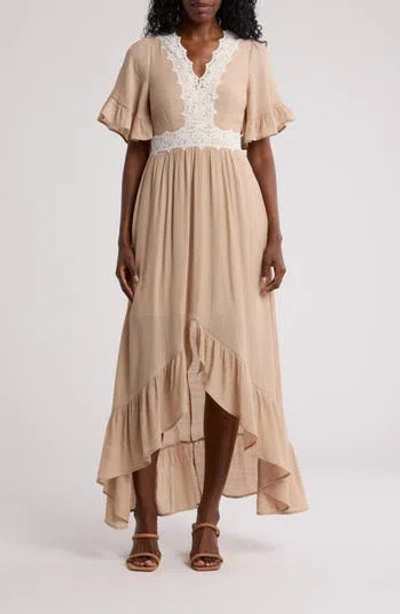 Wishlist Lace Trim High-low Dress In Taupe