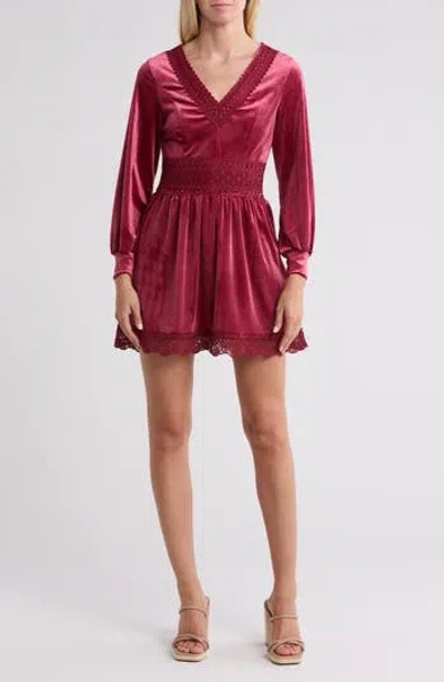 Wishlist Lace Trim Long Sleeve Velvet Dress In Burgundy