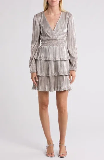 Wishlist Metallic Long Sleeve Ruffle Plissé Dress In White Gold