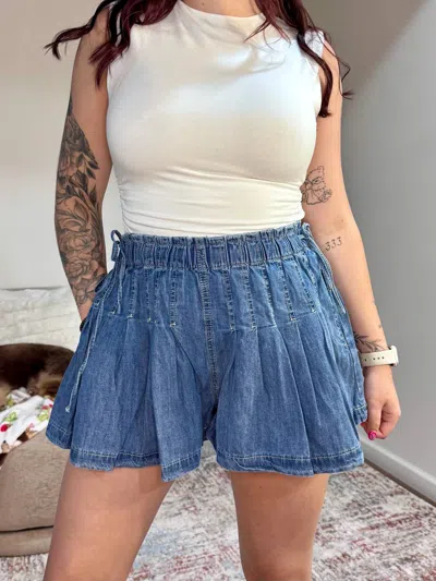 Wishlist Paisley Pleated Shorts With Elastic Waist In Denim In Blue