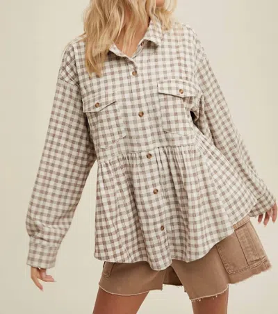 Wishlist Plaid Peplum Button Up Shirt In Mocha