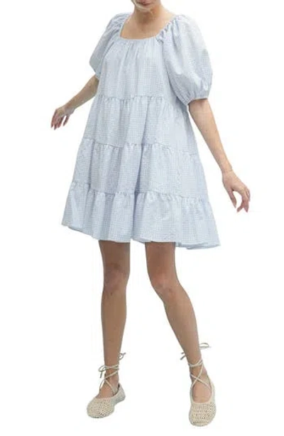 Wishlist Plaid Puff Sleeve Cotton Blend Tiered Minidress In Blue