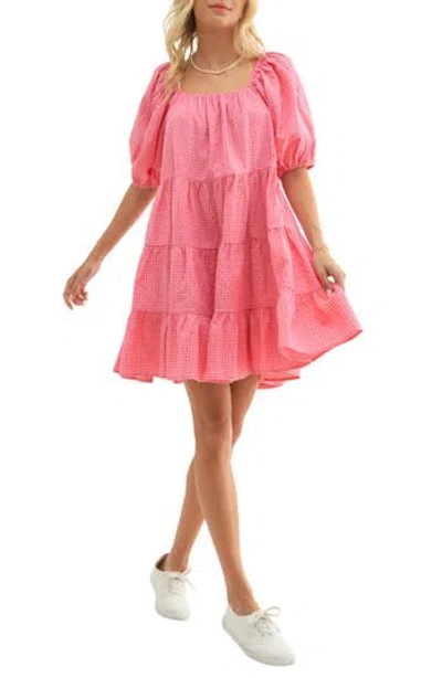 Wishlist Plaid Puff Sleeve Cotton Blend Tiered Minidress In Pink