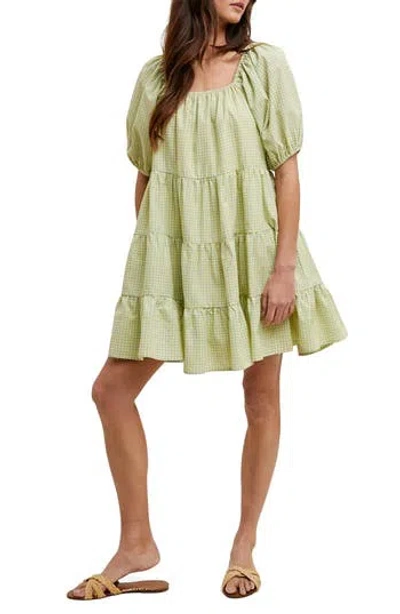 Wishlist Plaid Puff Sleeve Cotton Blend Tiered Minidress In Multi