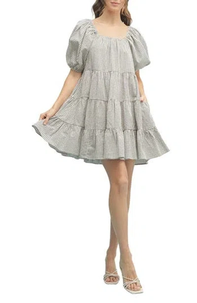Wishlist Plaid Puff Sleeve Cotton Blend Tiered Minidress In Gray