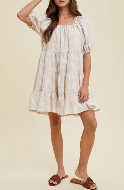 Wishlist Plaid Puff Sleeve Cotton Blend Tiered Minidress In Neutral