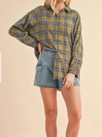 Wishlist Plaid Raw Edge Detail Shirt In Blue/mustard In Multi