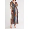 Wishlist Puff Sleeve Drop Waist Side Slit Maxi Dress In Blue Multi