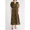 Wishlist Puff Sleeve Drop Waist Side Slit Maxi Dress In Green/black Combo