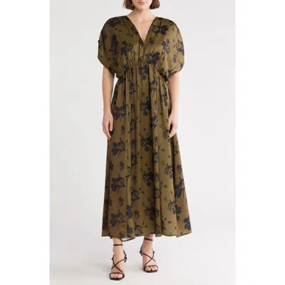 Wishlist Puff Sleeve Drop Waist Side Slit Maxi Dress In Green/black Combo