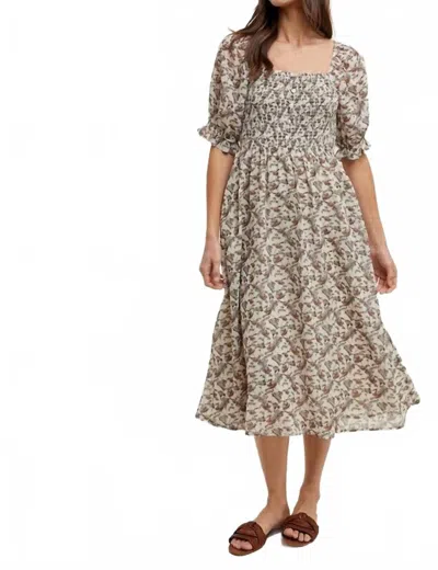 Wishlist Puff Sleeve Floral Midi Dress In Cream/mocha - Hoc Autumn In Multi