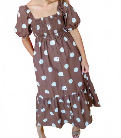 Wishlist Puff Sleeve Midi Dress In Chocolate And White Polka Dot In Multi