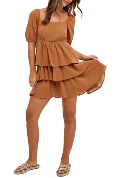 Wishlist Puff Sleeve Tiered Minidress In Brown