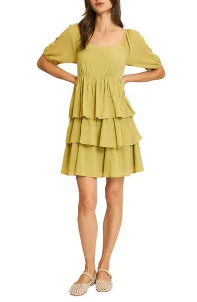 Wishlist Puff Sleeve Tiered Minidress In Green