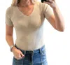 Wishlist Ribbed Knit Short Sleeve Thong Bodysuit In Taupe In Gray
