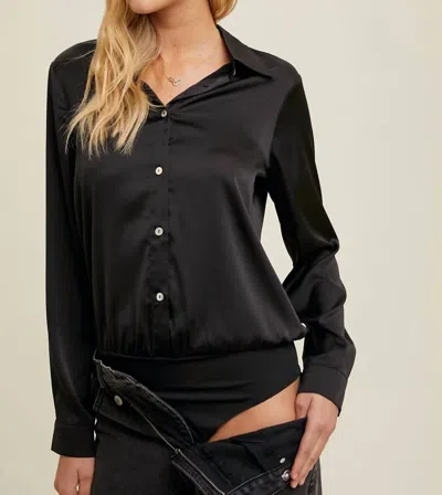 Wishlist Satin Button-up Thong Bodysuit In Black