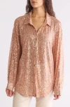Wishlist Sequin Button-up Blouse In Rose Gold