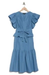 Wishlist Short Sleeve Belted Cotton Midi Dress In Coronet Blue