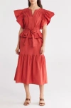Wishlist Short Sleeve Belted Cotton Midi Dress In Tandori Spice