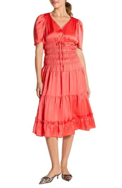 Wishlist Short Sleeve Tiered Midi Dress In Cayenne Red