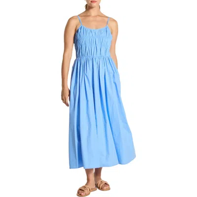 Wishlist Sleeveless Smocked Cotton Midi Dress In Blue