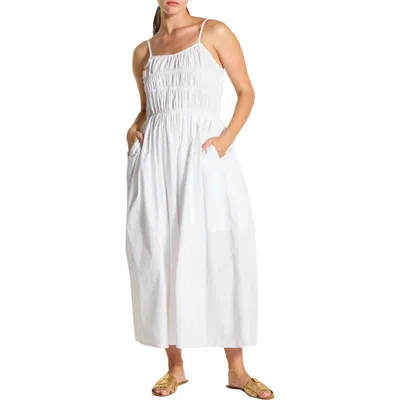 Wishlist Sleeveless Smocked Cotton Midi Dress In White