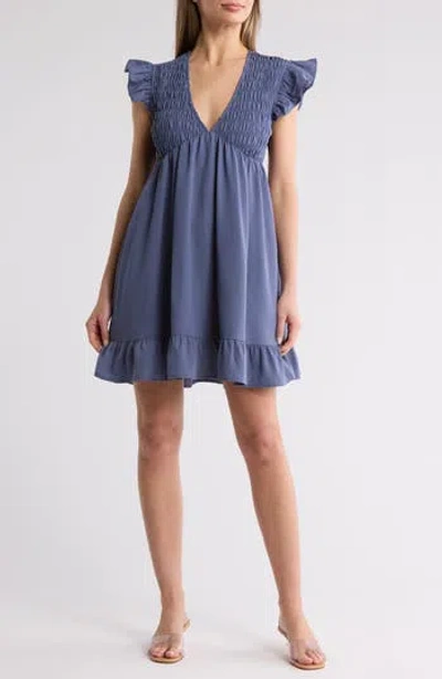 Wishlist Smocked Cap Sleeve Pocket Babydoll Minidress In Blue