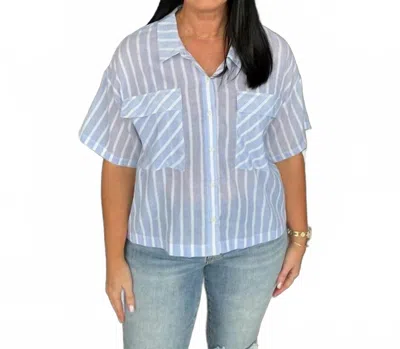 Wishlist Stripe Button Down Short Sleeve Top In Powder Blue & White