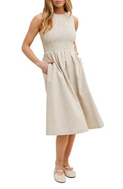 Wishlist Stripe Smocked Sleeveless Cotton Blend Dress In White