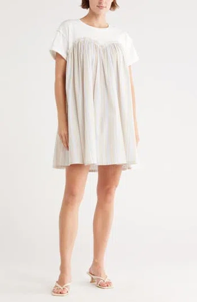 Wishlist Stripe Twofer Mixed Media Cotton Babydoll Dress In Gray