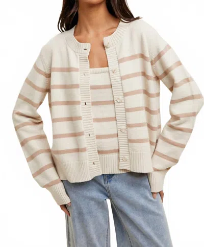 Wishlist Striped Cami And Cardigan Set In Cream Toffee In Neutral