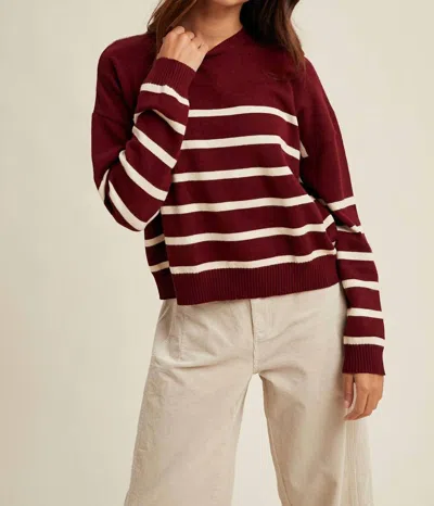 Wishlist Striped Drop Shoulder Lightweight Sweater In Wine Ivory In Burgundy