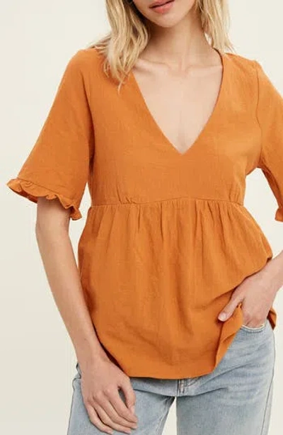 Wishlist V-neck Elbow-length Sleeve Babydoll Top In Orange