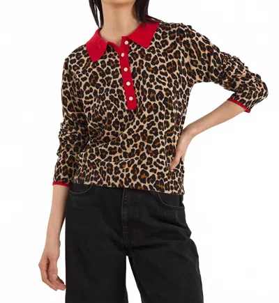Wispr Pop Collar Leopard Polo In Light Camel With Tomato In Multi