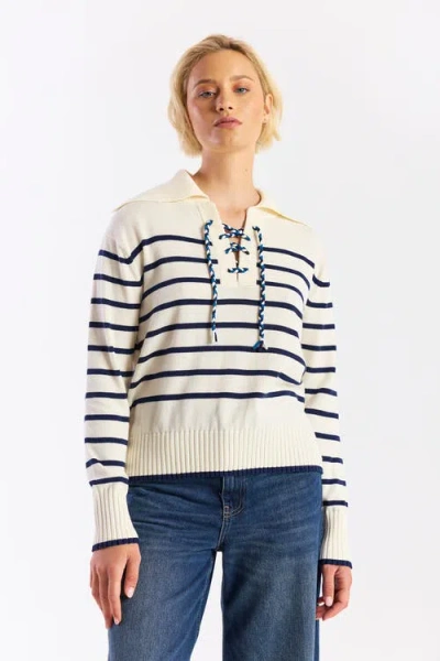 Wispr Stripe Lace Up Collared Knit Sweater In White