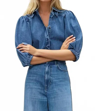 Wisteria Lane Balloon Sleeved Denim Blouse In Blue