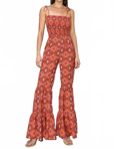 Wisteria Lane Boho Print Smocked Flared Jumpsuit In Rust In Brown