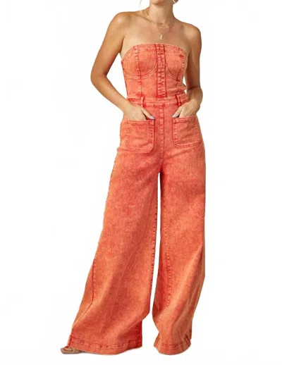 Wisteria Lane Off Shoulder Wide Leg Denim Jumpsuit In Deep Rust In Orange