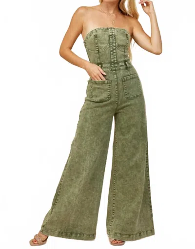 Wisteria Lane Off Shoulder Wide Leg Denim Jumpsuit In Olive In Green