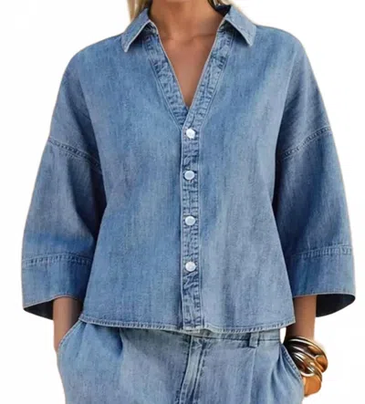Wisteria Lane Oversized Denim Button Up Top In Blue